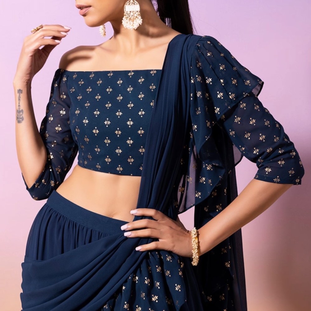 SET: Teal Foil Off Shoulder Crop Top (S) and Ruffled Pre-Stitched Saree (M)